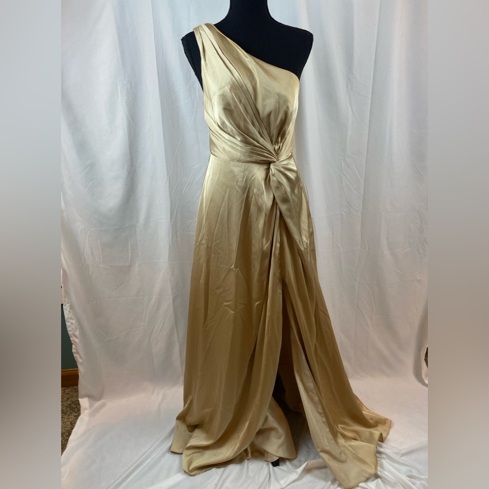 Bridesmaid Elegant Champagne One-Shoulder Dress Azazie A4